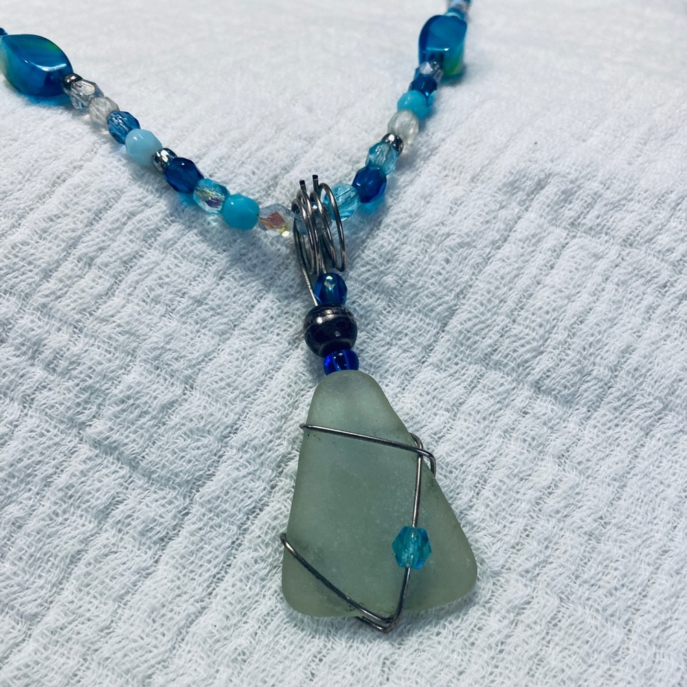 Sea Glass/ Beach Glass Blue Wire Wrapped Necklace